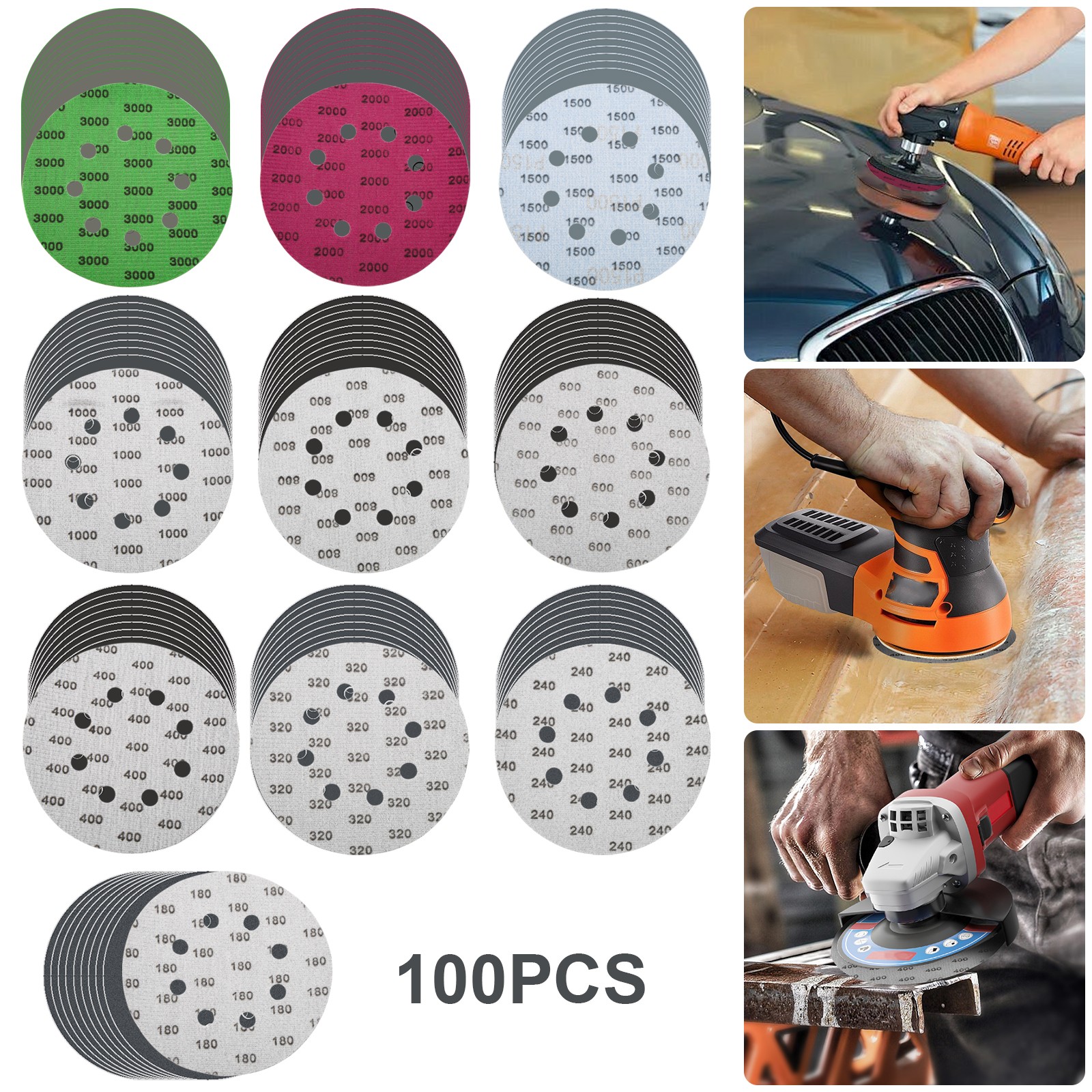 100PCS 5 Inch 8 Hole Sanding Disc Set 180-3000 Grit Hook Loop Wet Dry Sandpaper