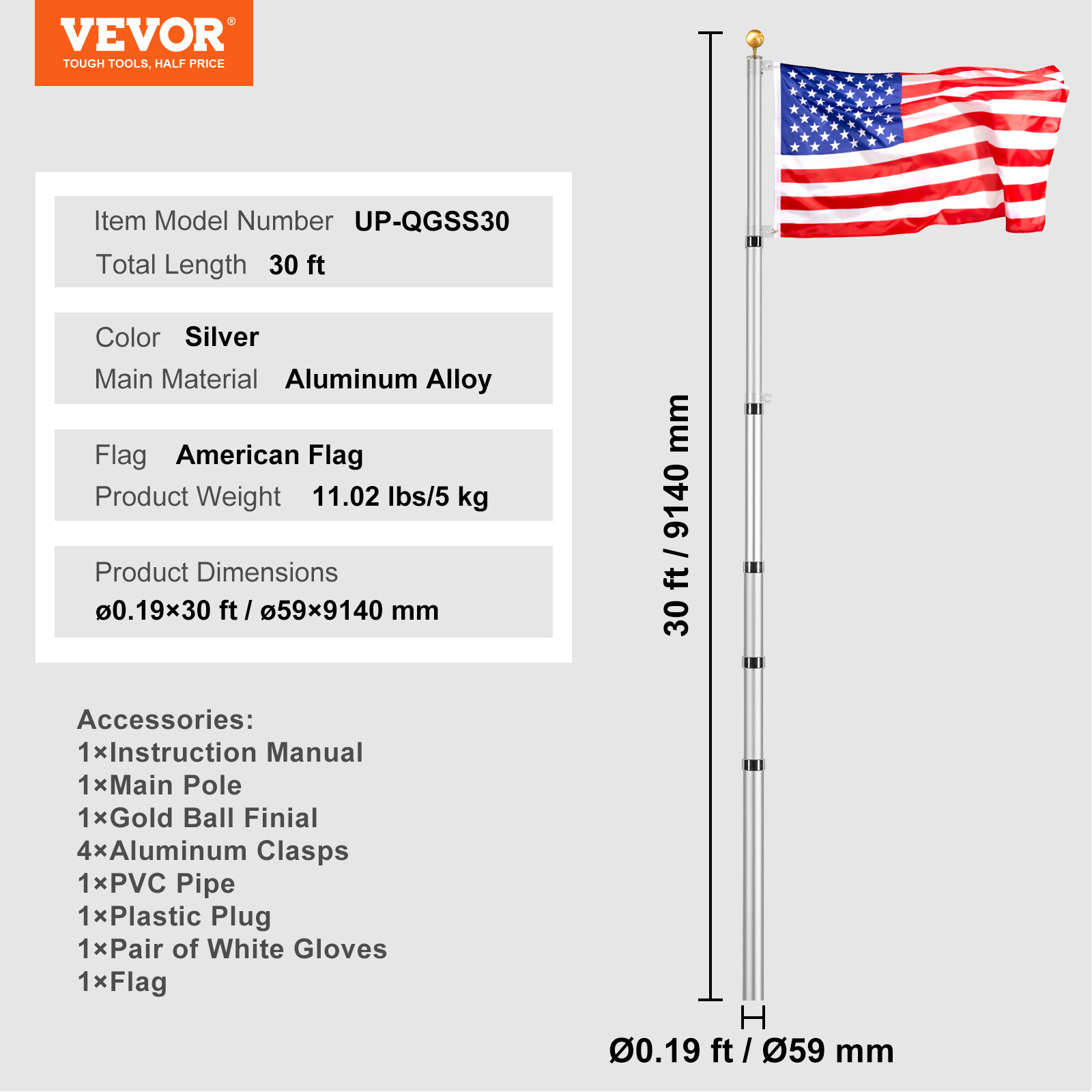 VEVOR 30FT Telescopic Flagpole Kit Heavy Duty Aluminum Flag Pole American Silver