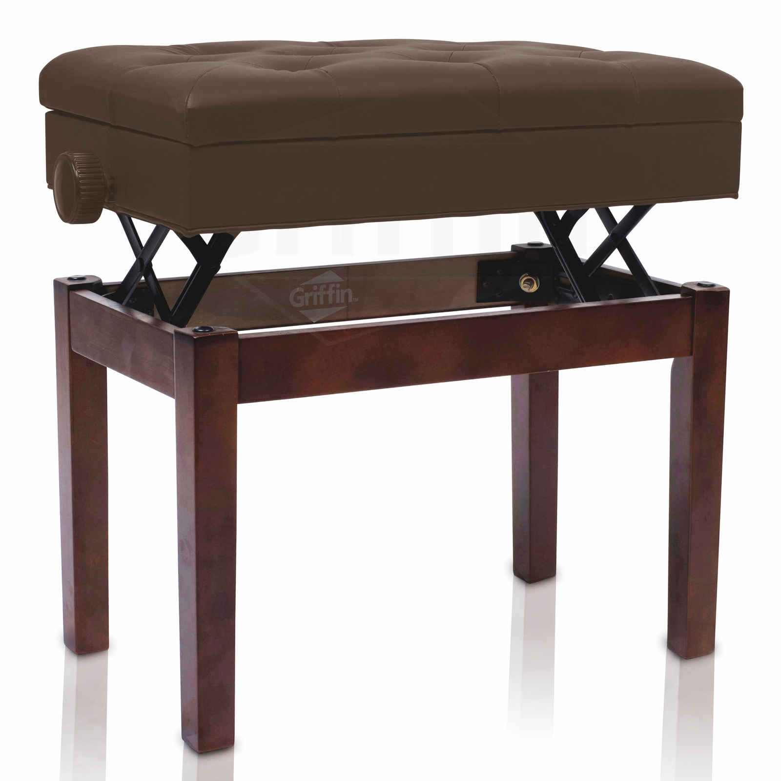 Brown Leather Piano Bench - GRIFFIN Keyboard Seat Wood Vanity Chair Guitar Stool