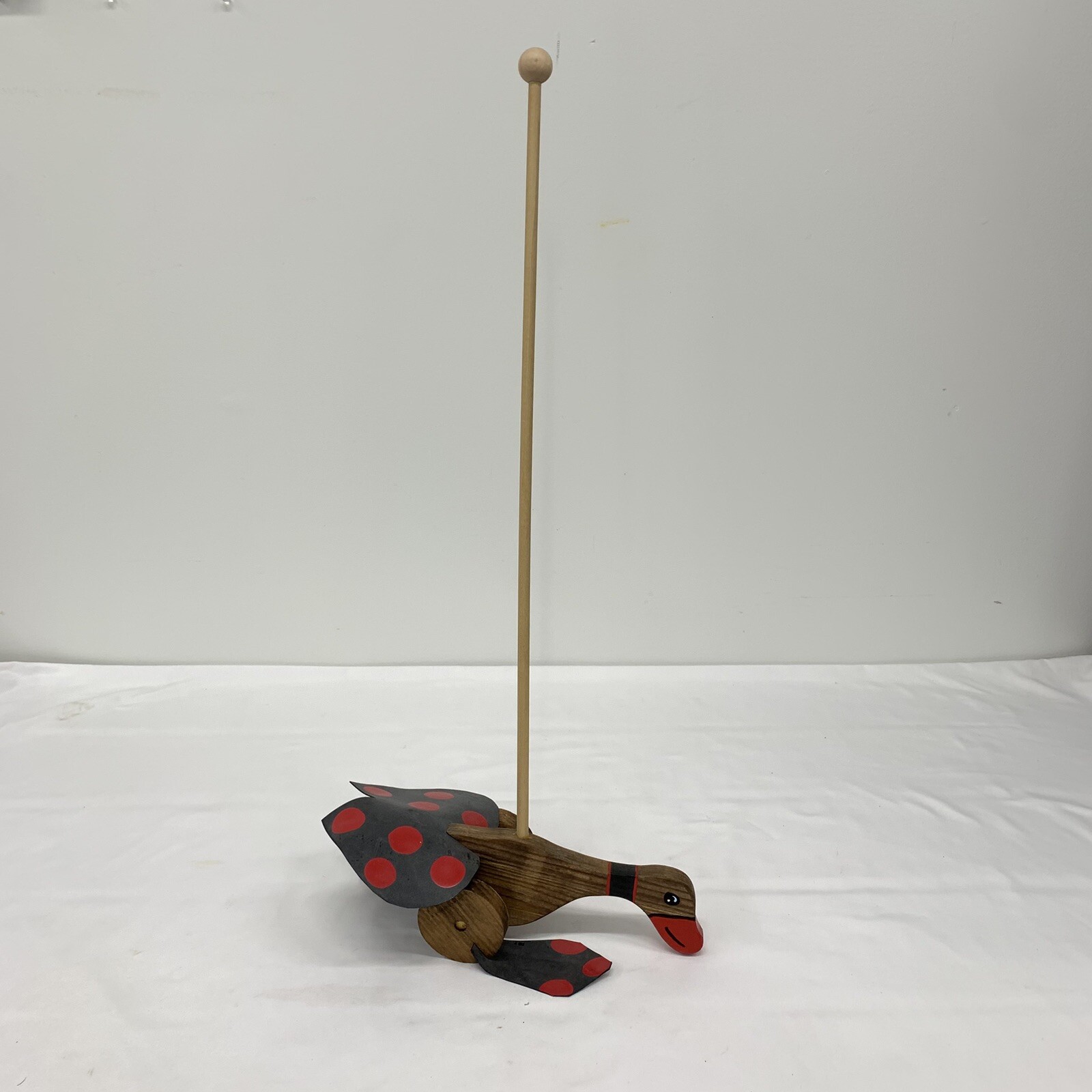 VTG WOOD PUSH WALKING DUCK RUBBER FLAPPY FEET ON STICK TOY 26” Hand painted Red