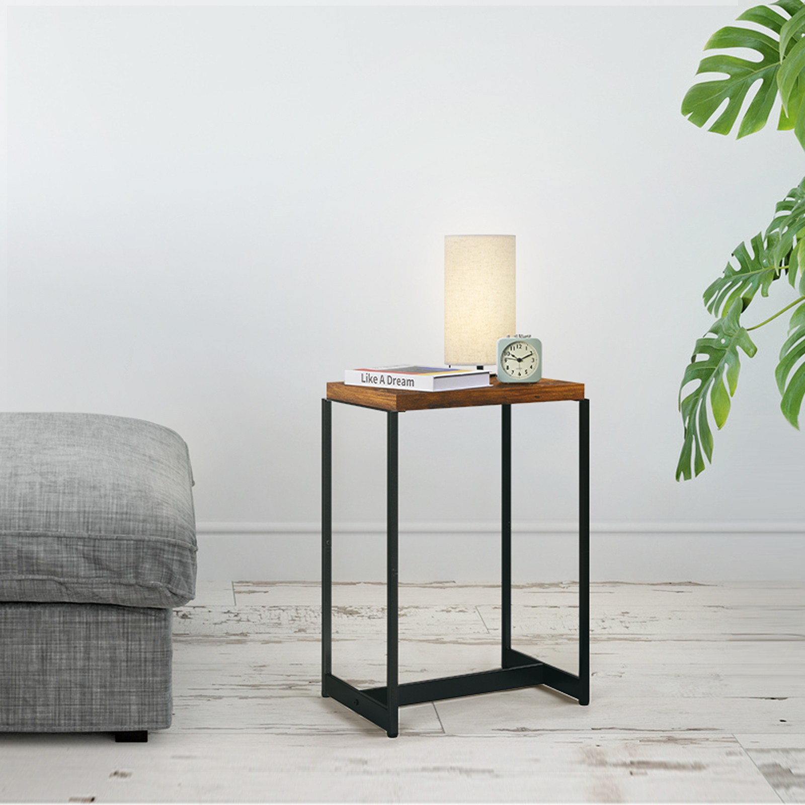 Brown End Table Small Side Table, Wood Night Stand with Metal Frames for Bedroom