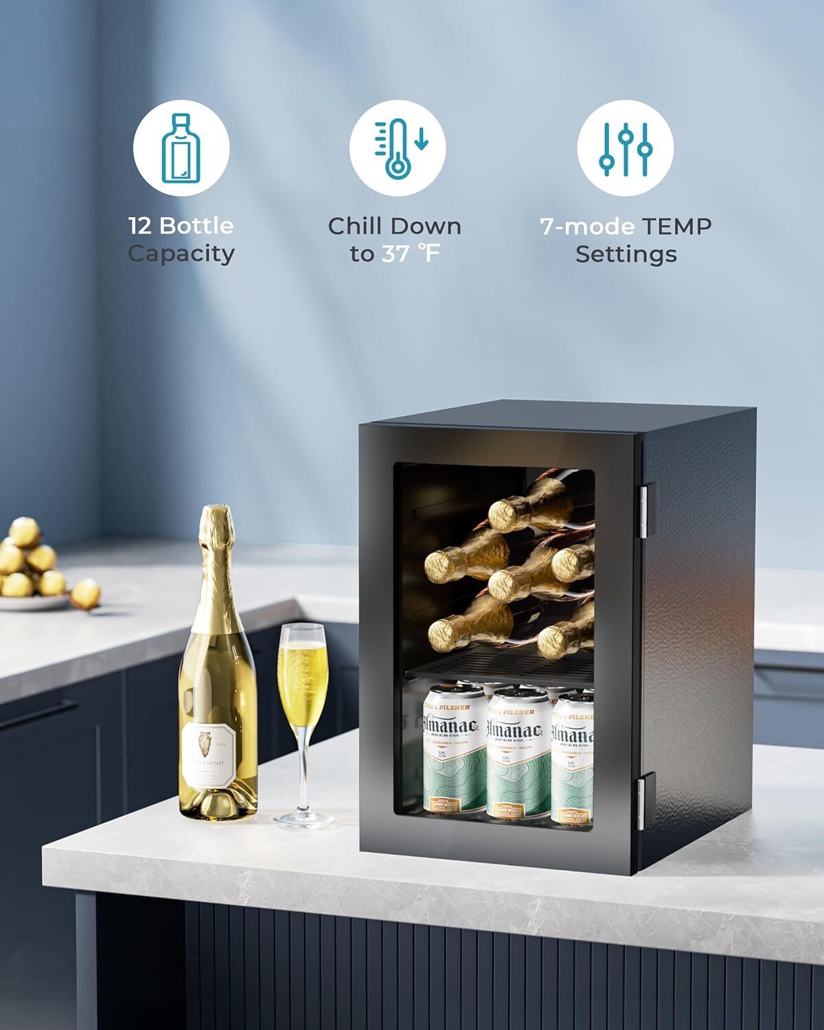 Beverage Cooler Mini Fridge Glass Door LED Light for Drinks Beer Wine Home Bar