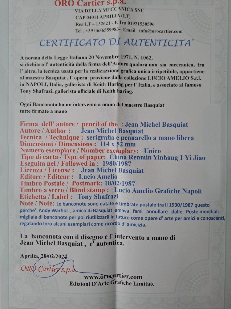 J. M. Basquiat Original Signed Banknote with a Certificate