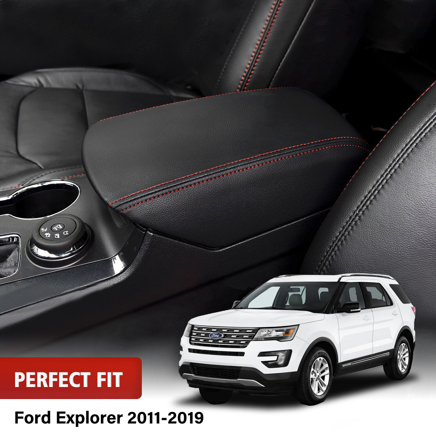 Fits 2011-2019 Ford Explorer Leather Center Console Lid Armrest Cover Red Stitch