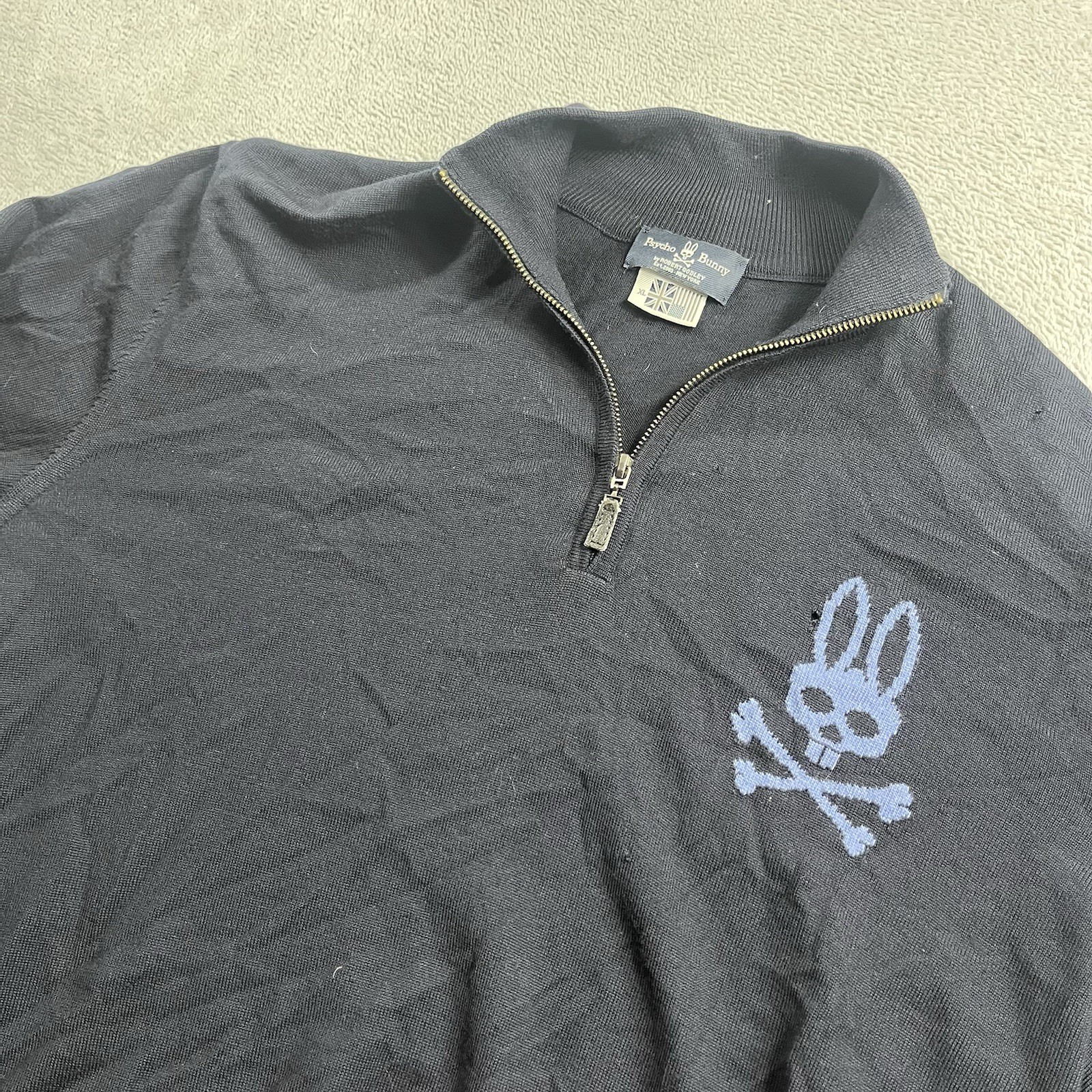 Psycho Bunny Mens XL Merino Wool Quarter Zip Mock Neck Blue Sweater Preppy