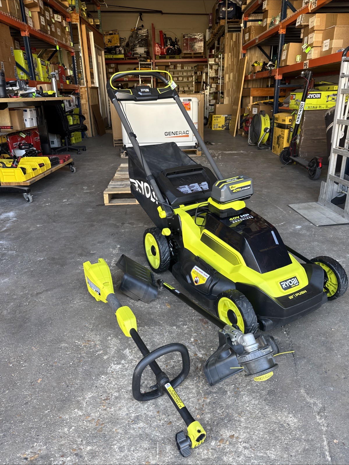RYOBI 40V HP Brushless 20 in. Cordless Battery Push Lawn Mower + weedeater