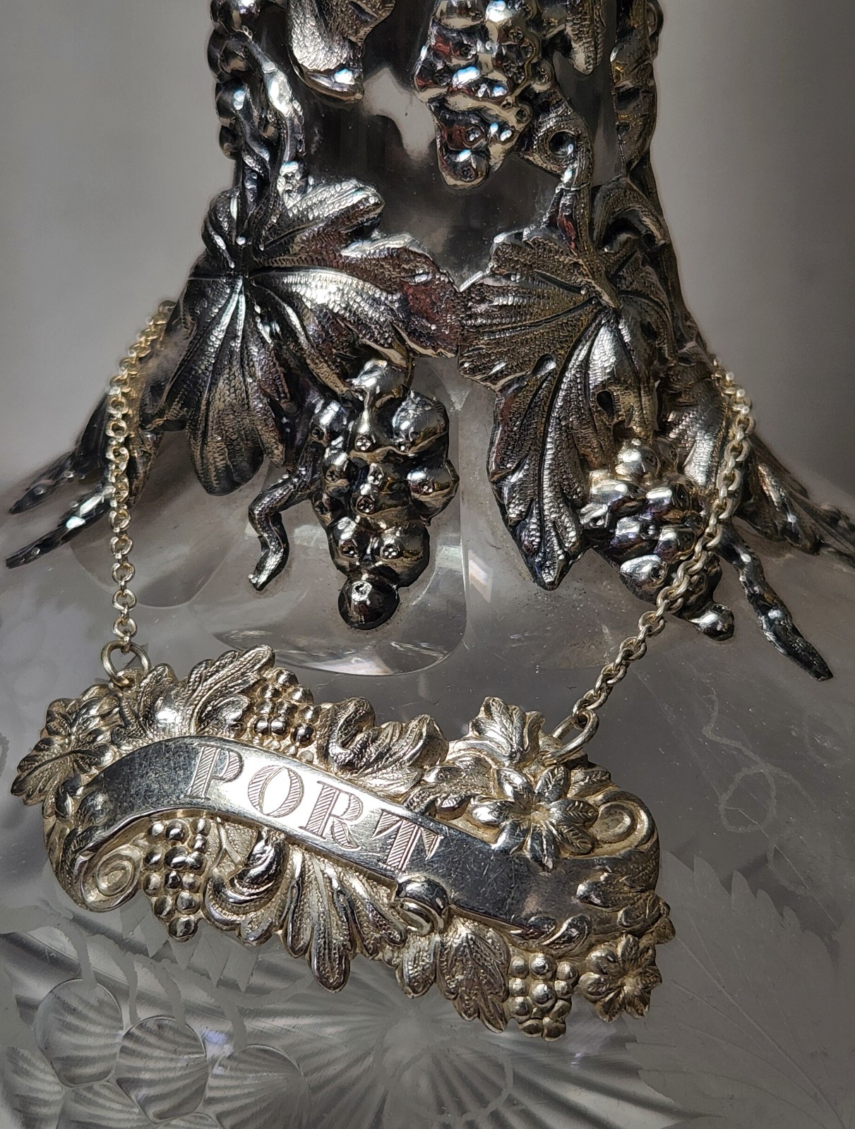 Ornate Antique Port Decanter, Silverplate Mounts, Etched Glass Bottle, Tag