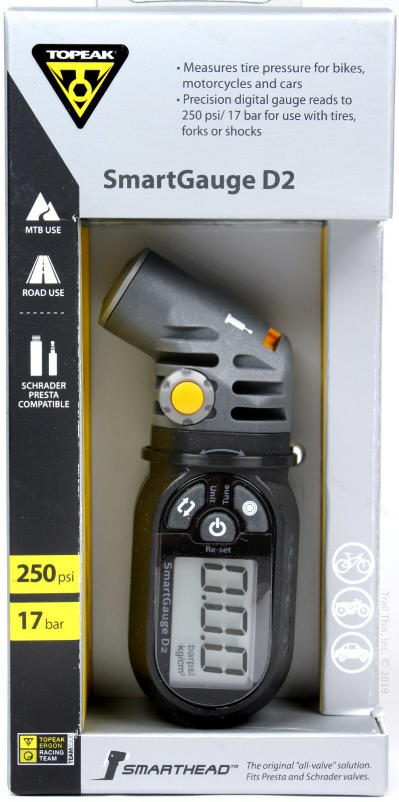 Topeak SmartGauge D2 Presta/Schrader 250psi Bike Digital Tire Air Pressure Gauge