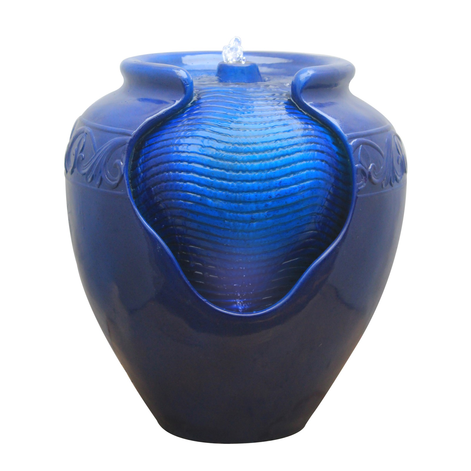 Teamson Home Outdoor Glazed Pot Floor Fountain with LED Lights for Garden, Blue
