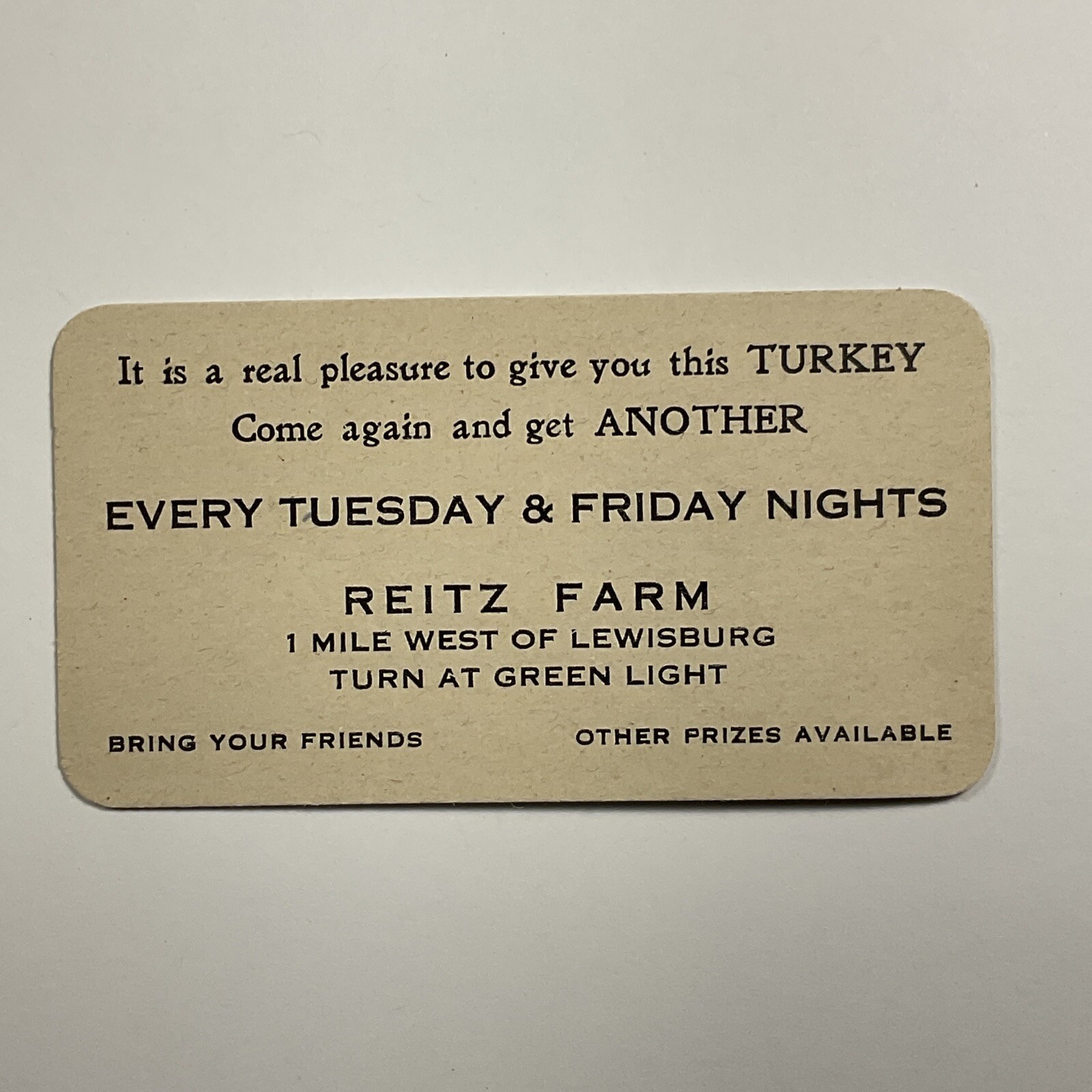 Early 1900s Lewisburg Pennsylvania Reitz Farm Business Gift Card for Free Turkey