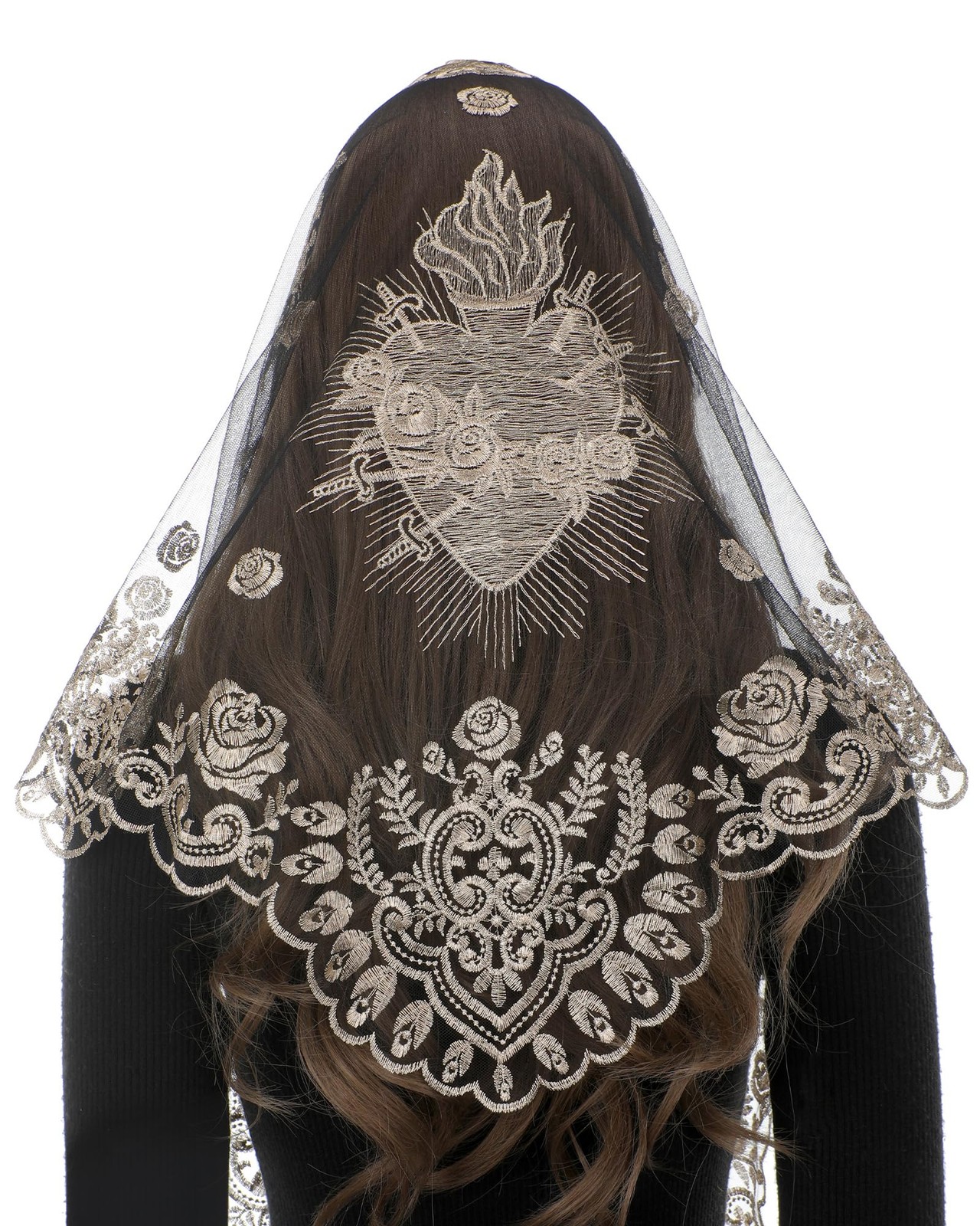 Mantilla Veils for Church Catholic, Triangle Black Gold Sacred Heart of Mary ...