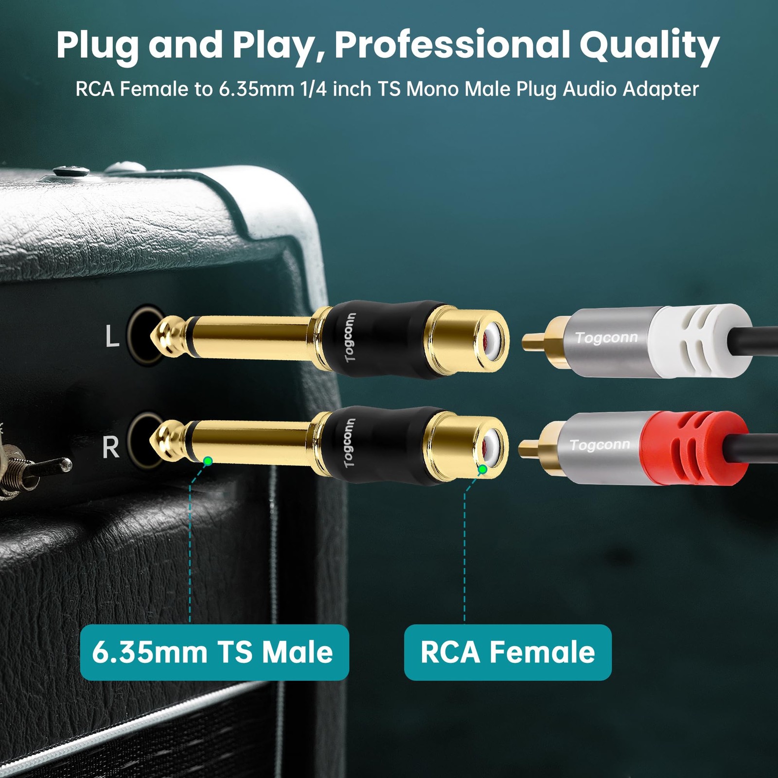 Togconn RCA to 1/4 Inch Adapter 2 2 Pack, (Female) 6.35mm TS (Male)