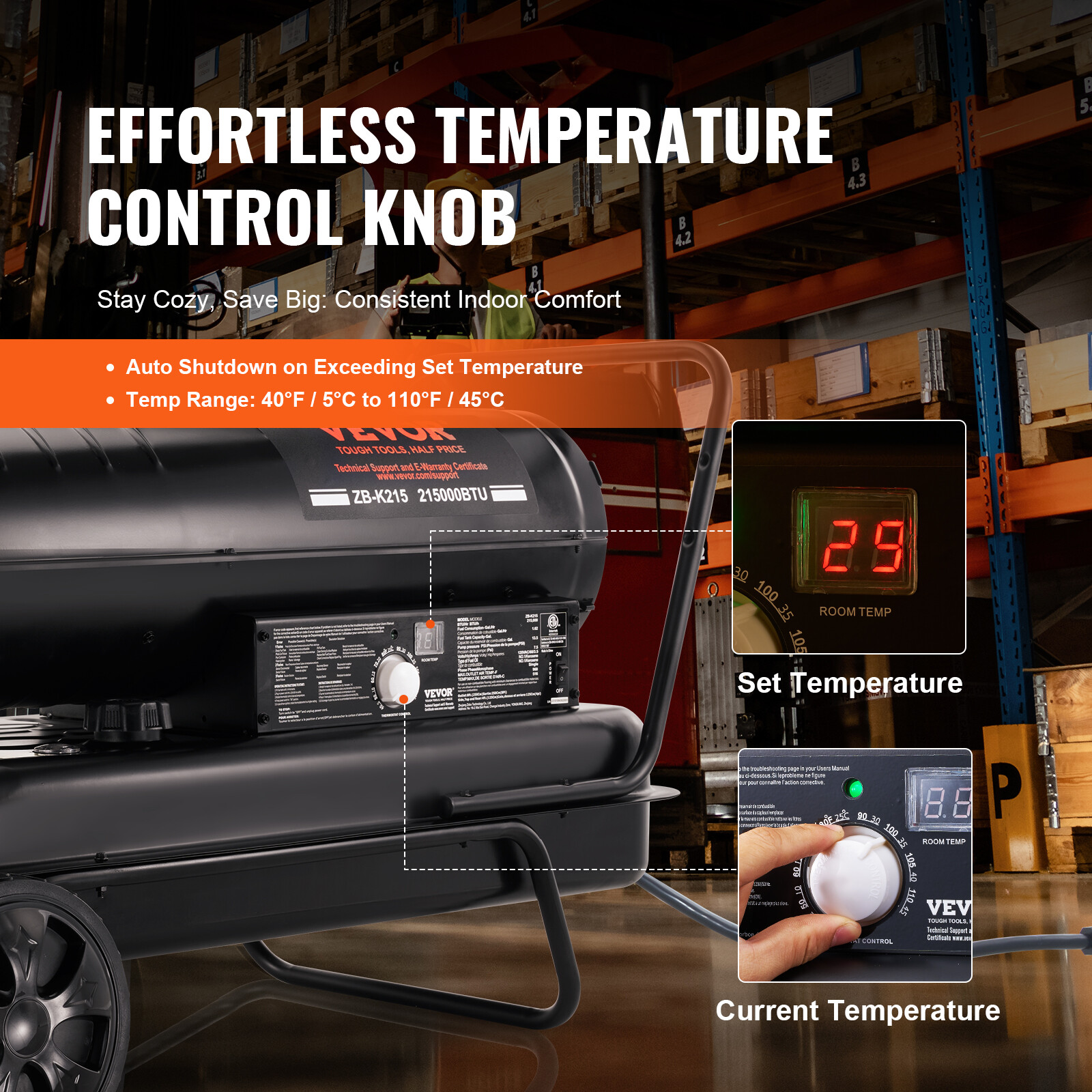 VEVOR Portable Kerosene Forced Air Heater 215000 BTU Indoor Outdoor 13.2gal Tank