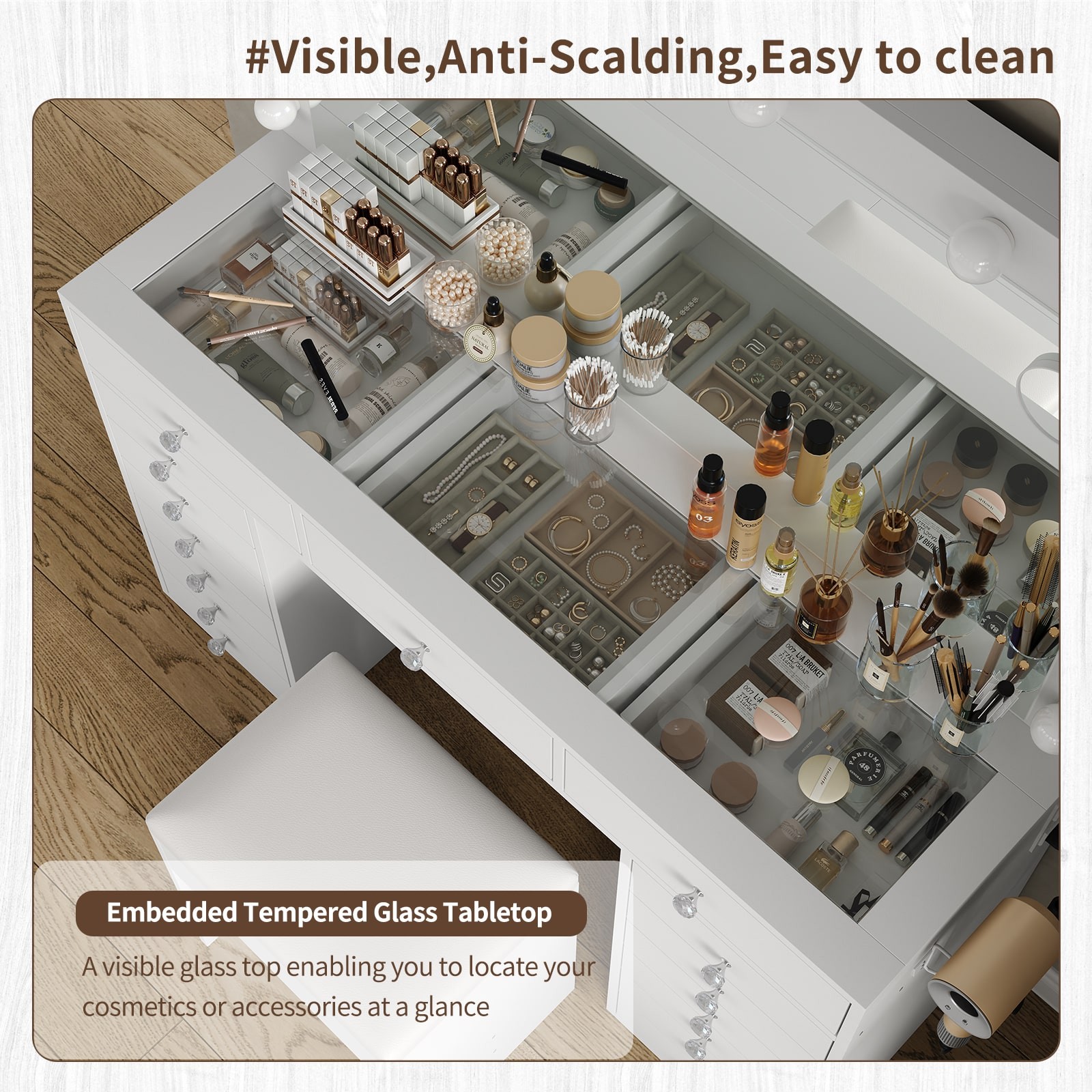 Makeup Vanity with Charging Station, 15 Drawers, HD Mirror, 12 LED Lights