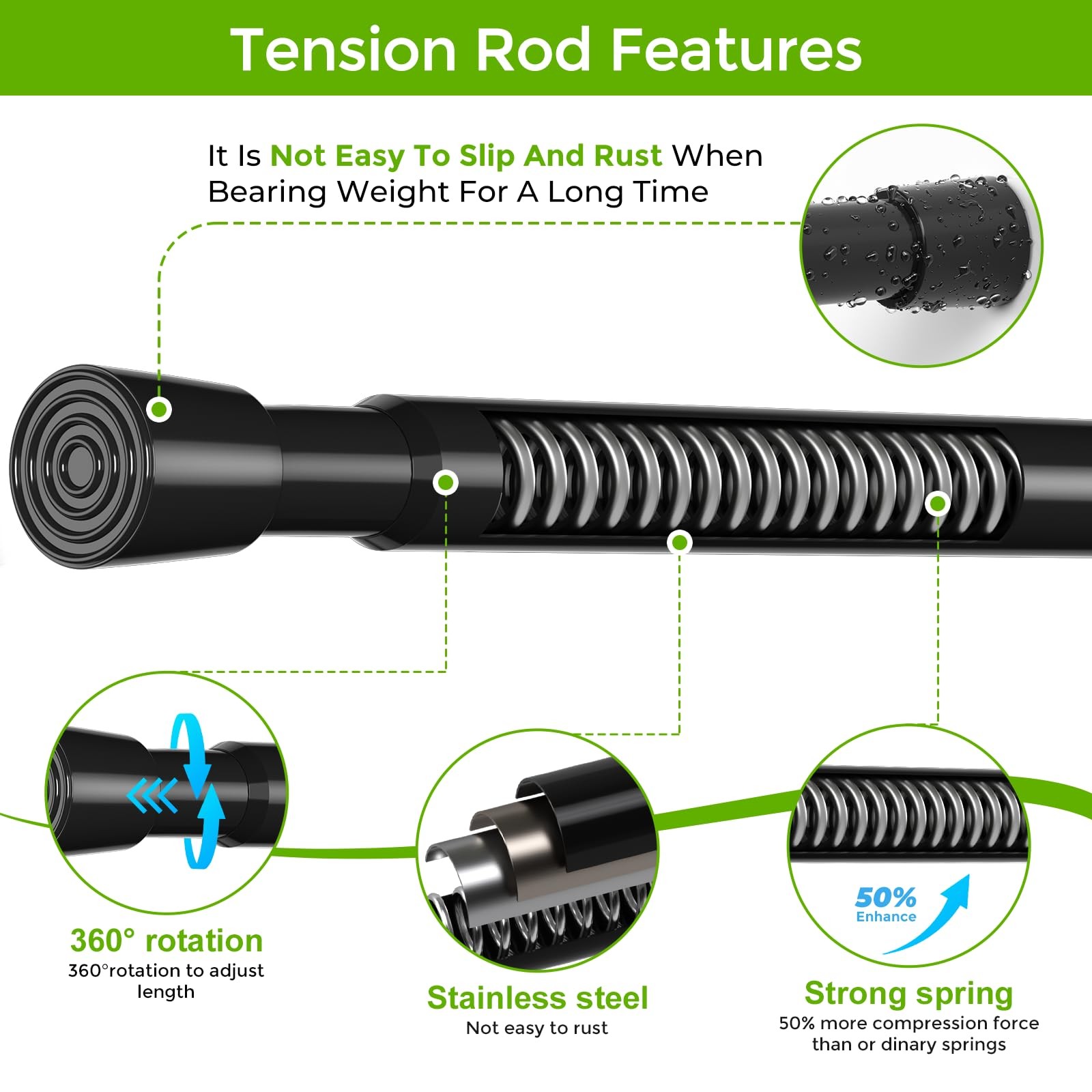 Spring Tension Rod 18-41 Inches No Drilling Adjustable 18-41inch-1P, Black