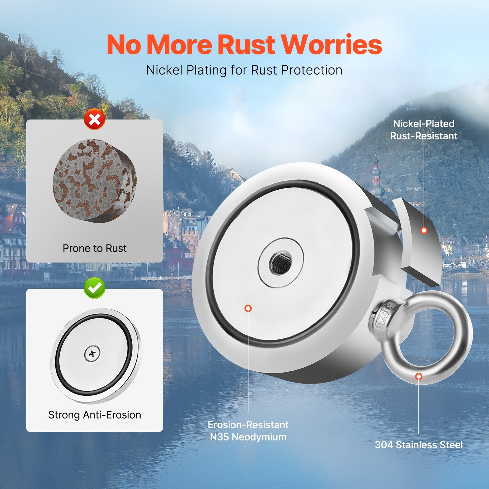 2000 LBS Strong Fishing Magnet Kit Double Sided Pull Force and Rope Carabiner