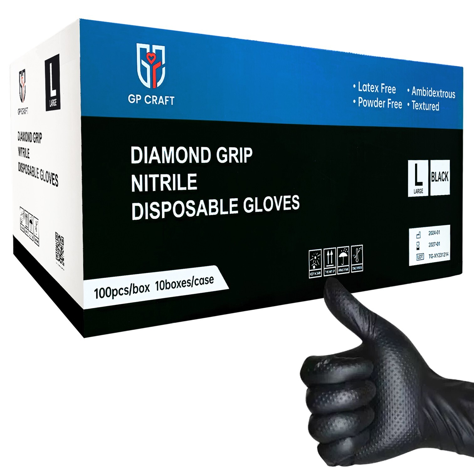 GP Craft Black Nitrile Gloves Diamond Grip 8Mil Disposable Latex Free 1000/Case