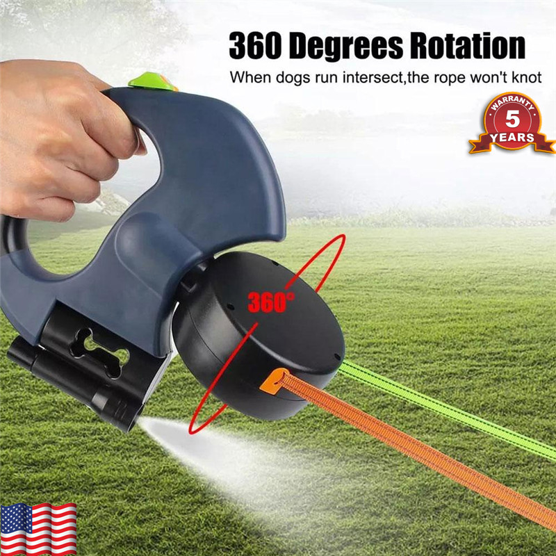 Retractable Reflective Dual Pet Leash Lead 360Swivel Double Dog Walking Leash A+