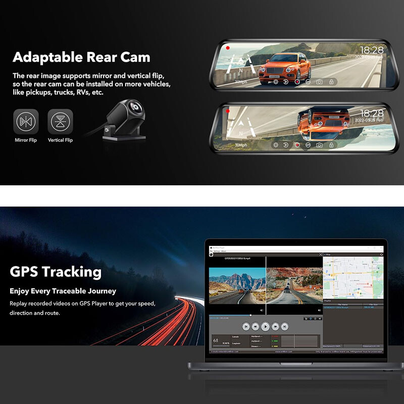 WOLFBOX 10" Smart Car DVR Camera Rear View Backup Mirror Dash Cam GPS navigation