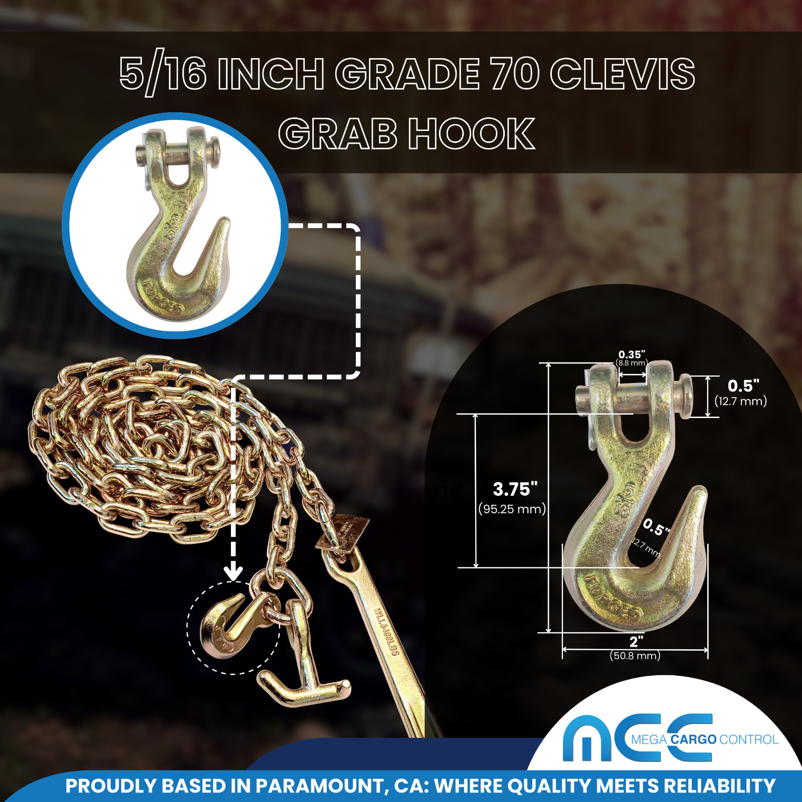1 Pack G70 5/16" x 10ft Tow Chain w/ 15” J Hook & TJ Combo Hook & Grab Hook