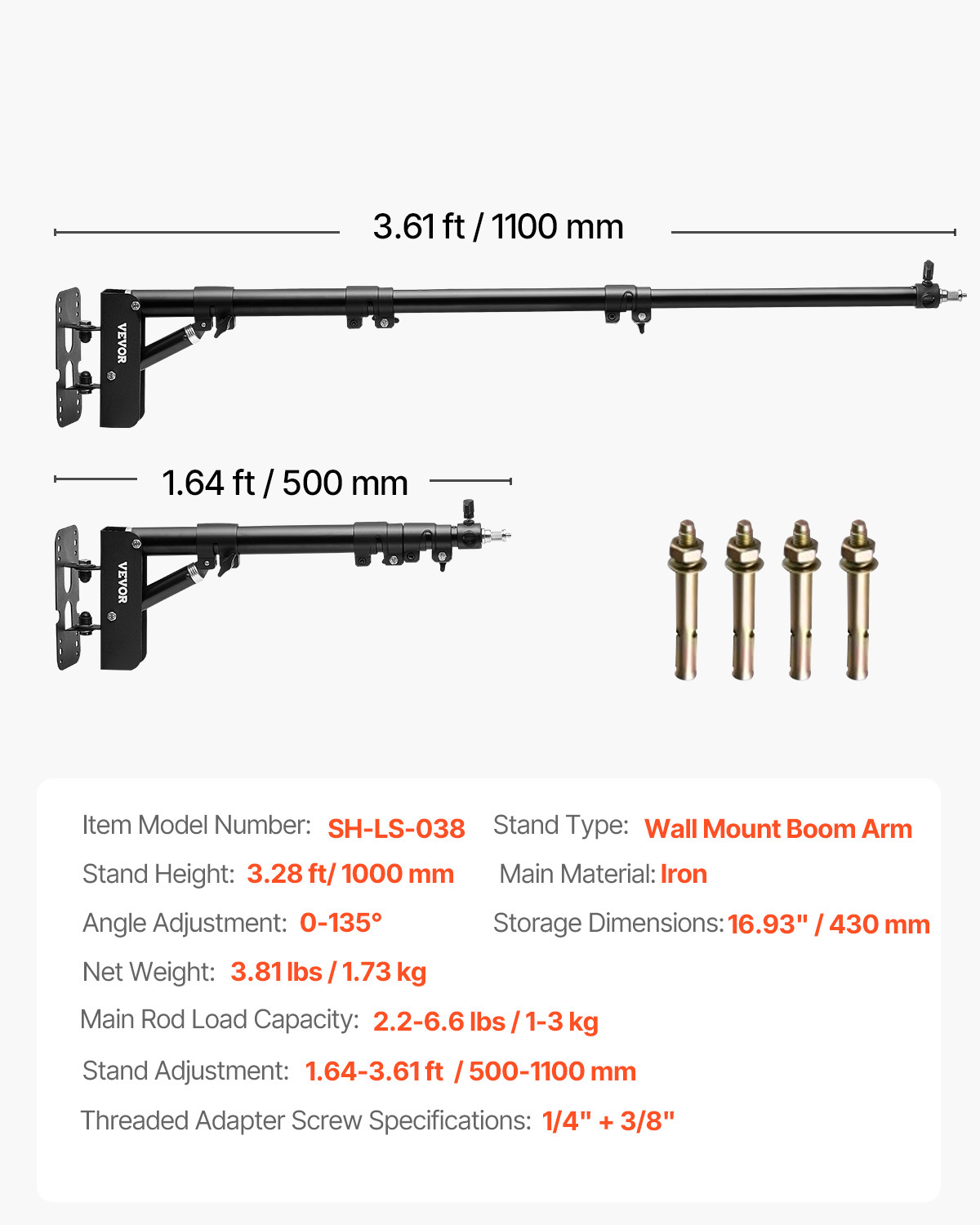 VEVOR Wall Mount Triangle Boom Arm Light Stand 39.37 in Ring Light Support