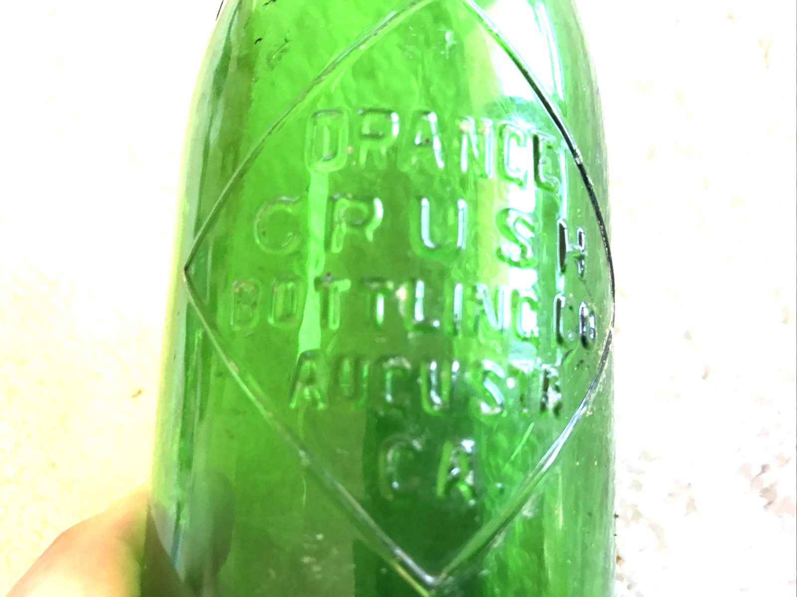 ORANGE CRUSH VINTAGE GREEN GLASS EMBOSSED BOTTLE, AUGUSTA, GEORGIA..RARE