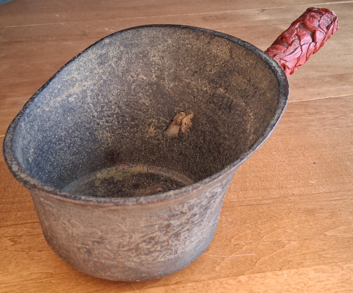 Antique 12" Big Chinese Bronze Silk Iron w/ Carved Cinnabar Handle, Hole Shown