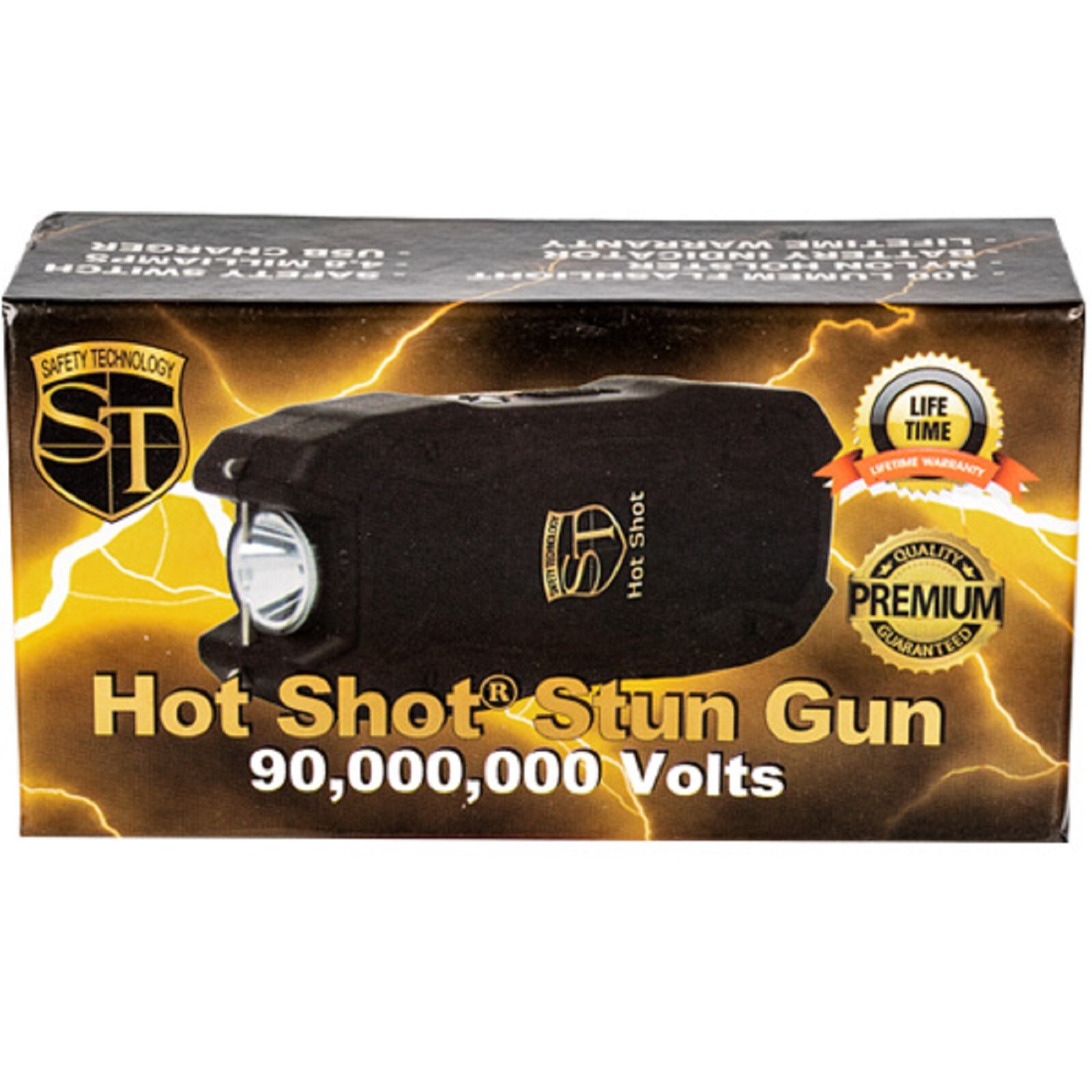 Hot Shot Stun Gun Black 90 Million volts Rechargeable Flashlight battery Meter