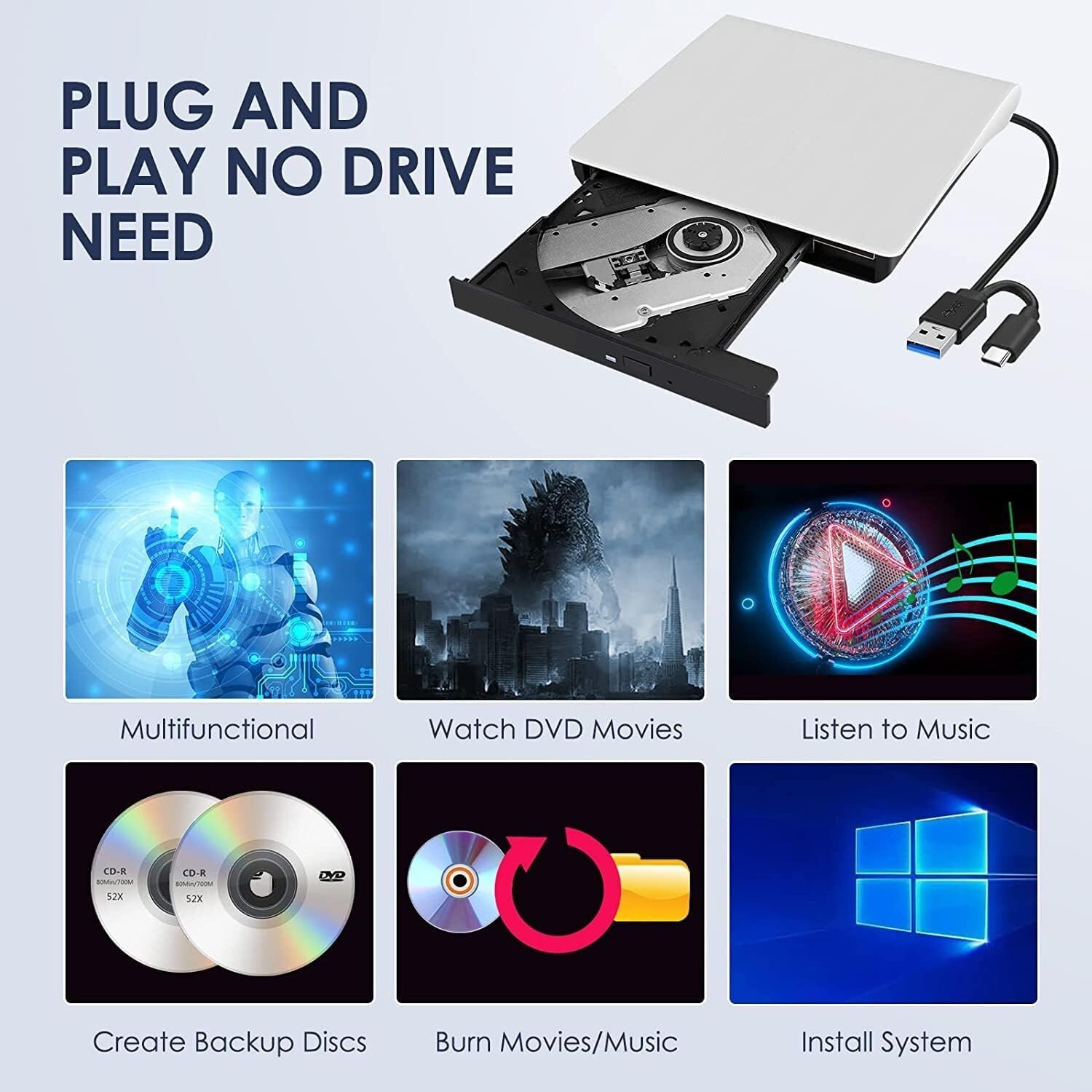 Slim External CD DVD Drive USB 3.0 Disc Player Burner Writer For Laptop PC Mac