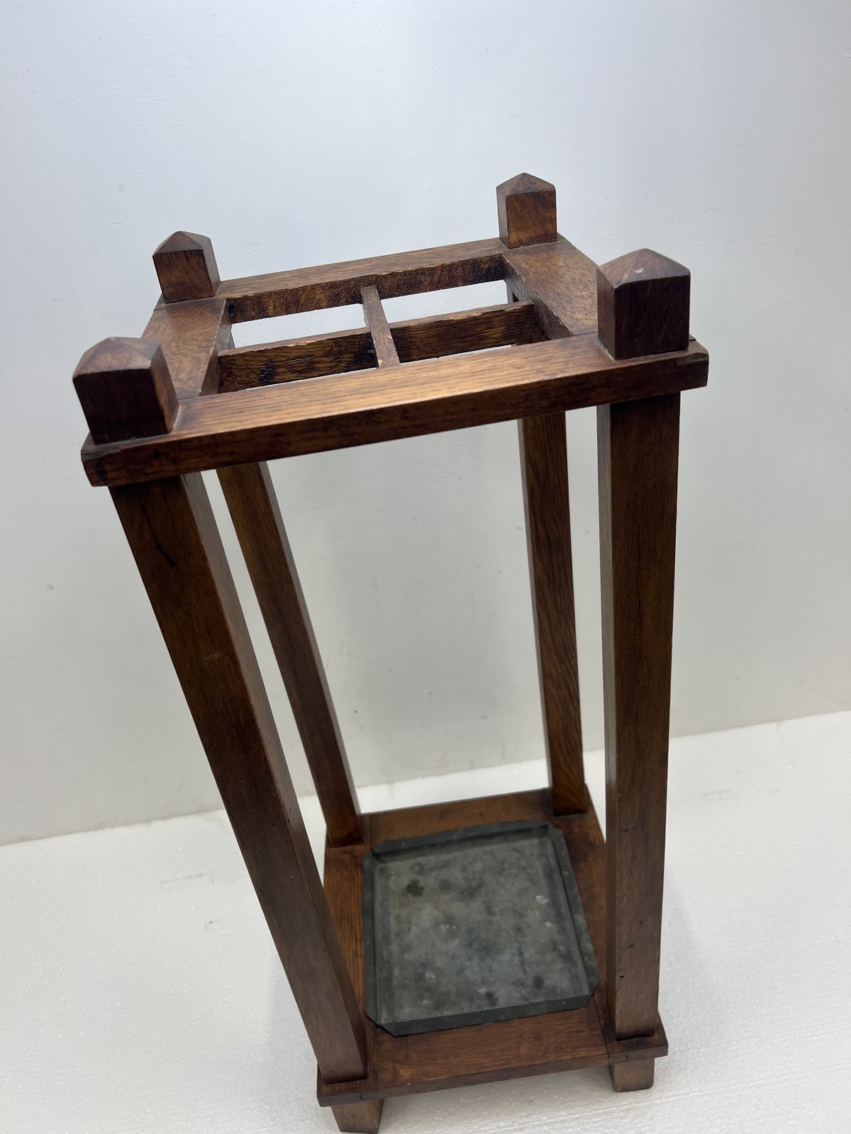 Antique Arts & Crafts Umbrella Stand Metal Drip Tray vintage mission wood sikes