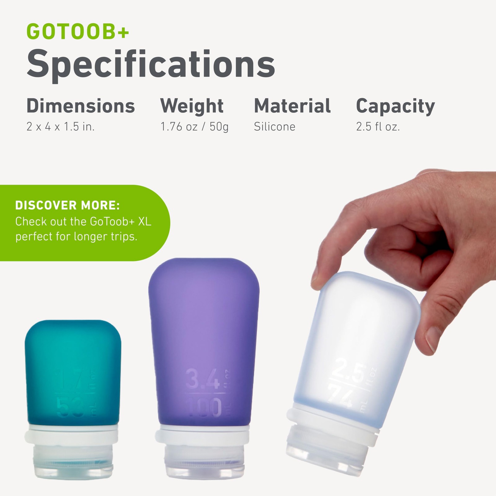 humangear GoToob+ 3-Pack (Medium) | Refillable Silicone Travel Bottle | Locking