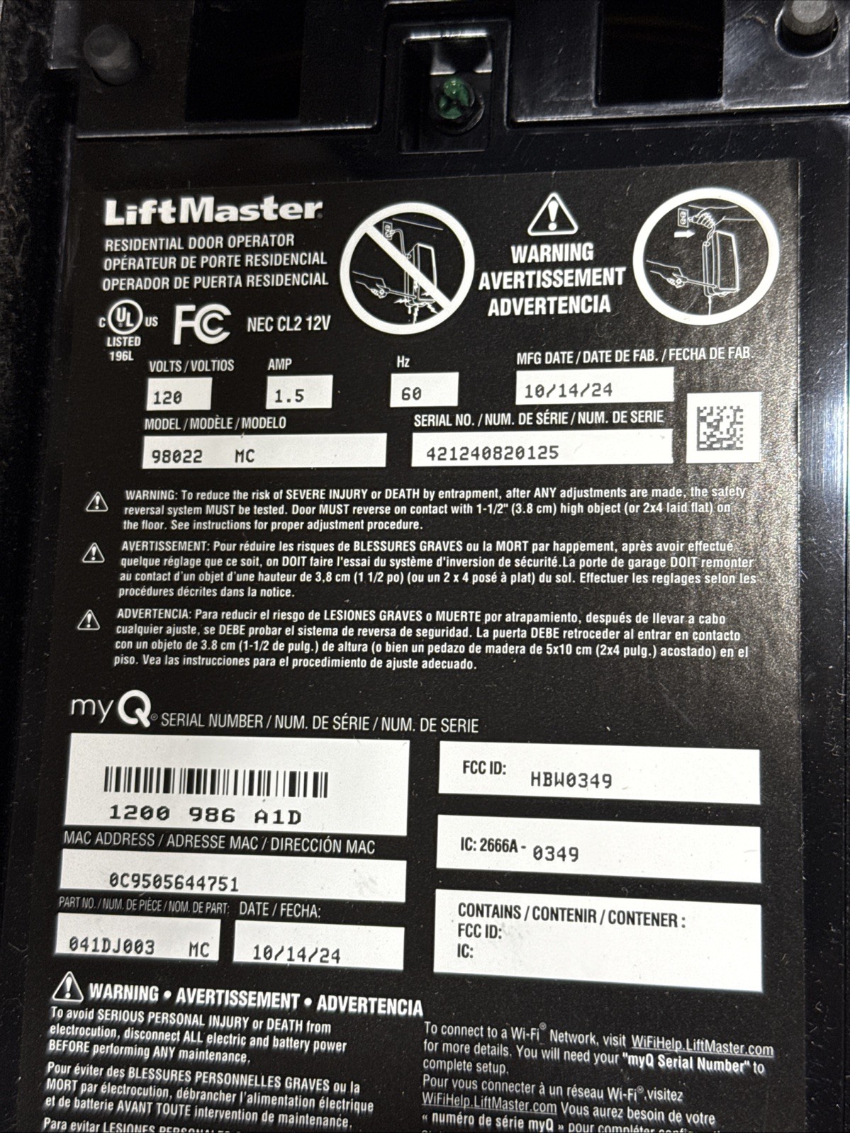 Liftmaster 98022 Jackshaft Garage Opener 120V 1.5amp Black Used Sold As Is
