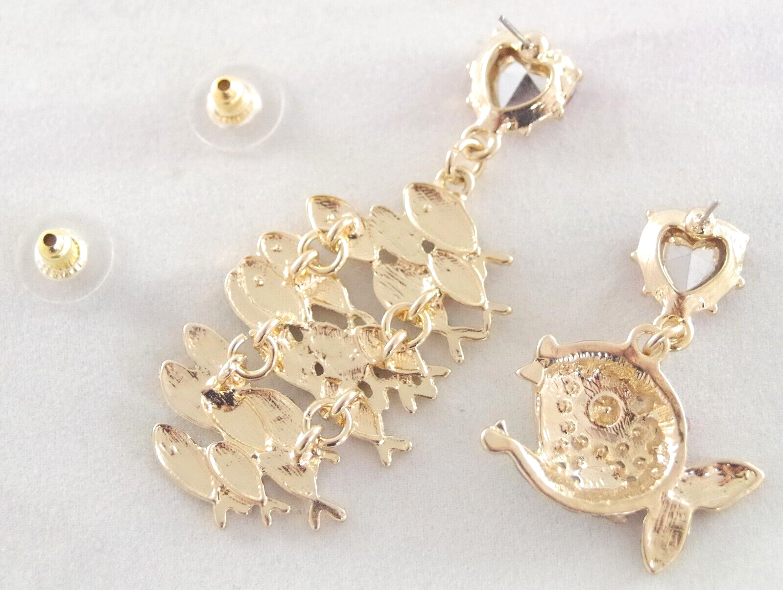 BETSEY JOHNSON ASYMMETRICAL PREDATOR/ SCHOOL OF FISH RHINESTONE DANGLE EARRINGS