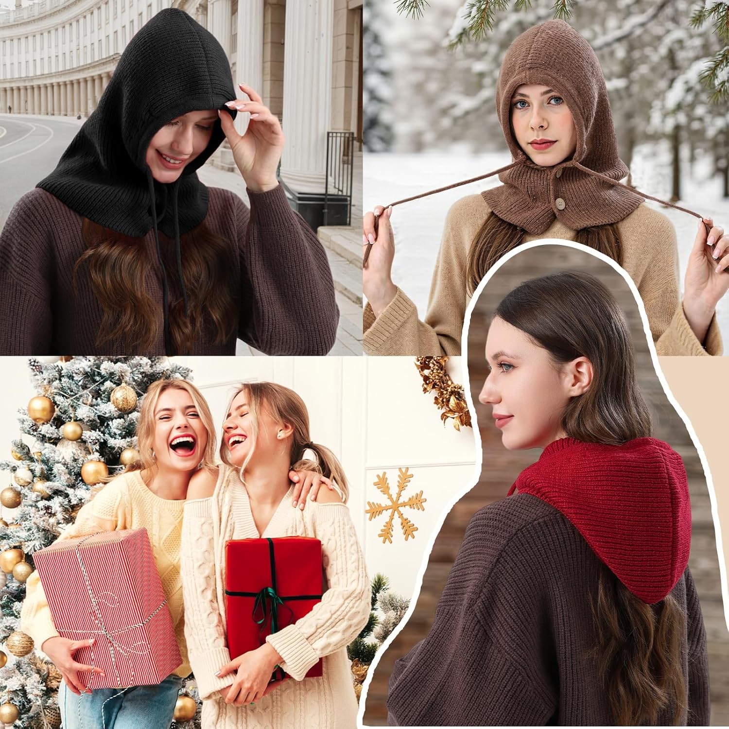 Balaclava Hat for Women, Warm Ear Neck Hooded Scarf with Drawstring, Grey