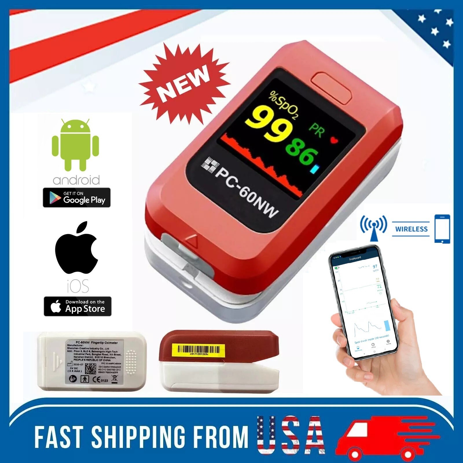 Fingertip Pulse Oximeter Finger Blood Oxygen Meter SpO2 PR Heart Rate Monitor