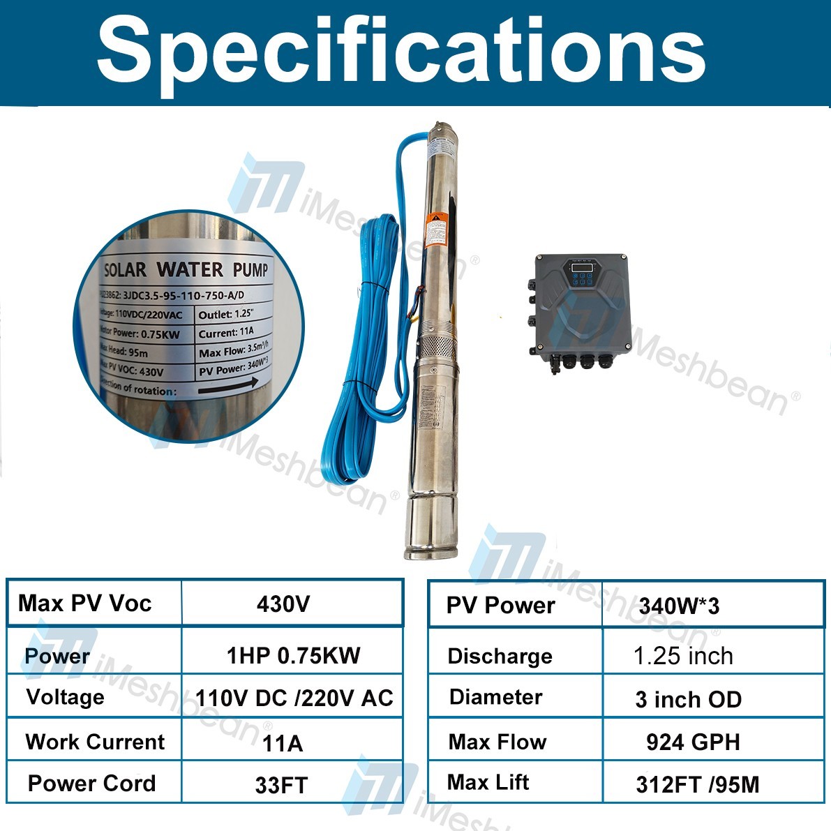 3" AC/DC Solar Powered Bore Well Water Pump 1HP Submersible Hybrid Deep 110/220V