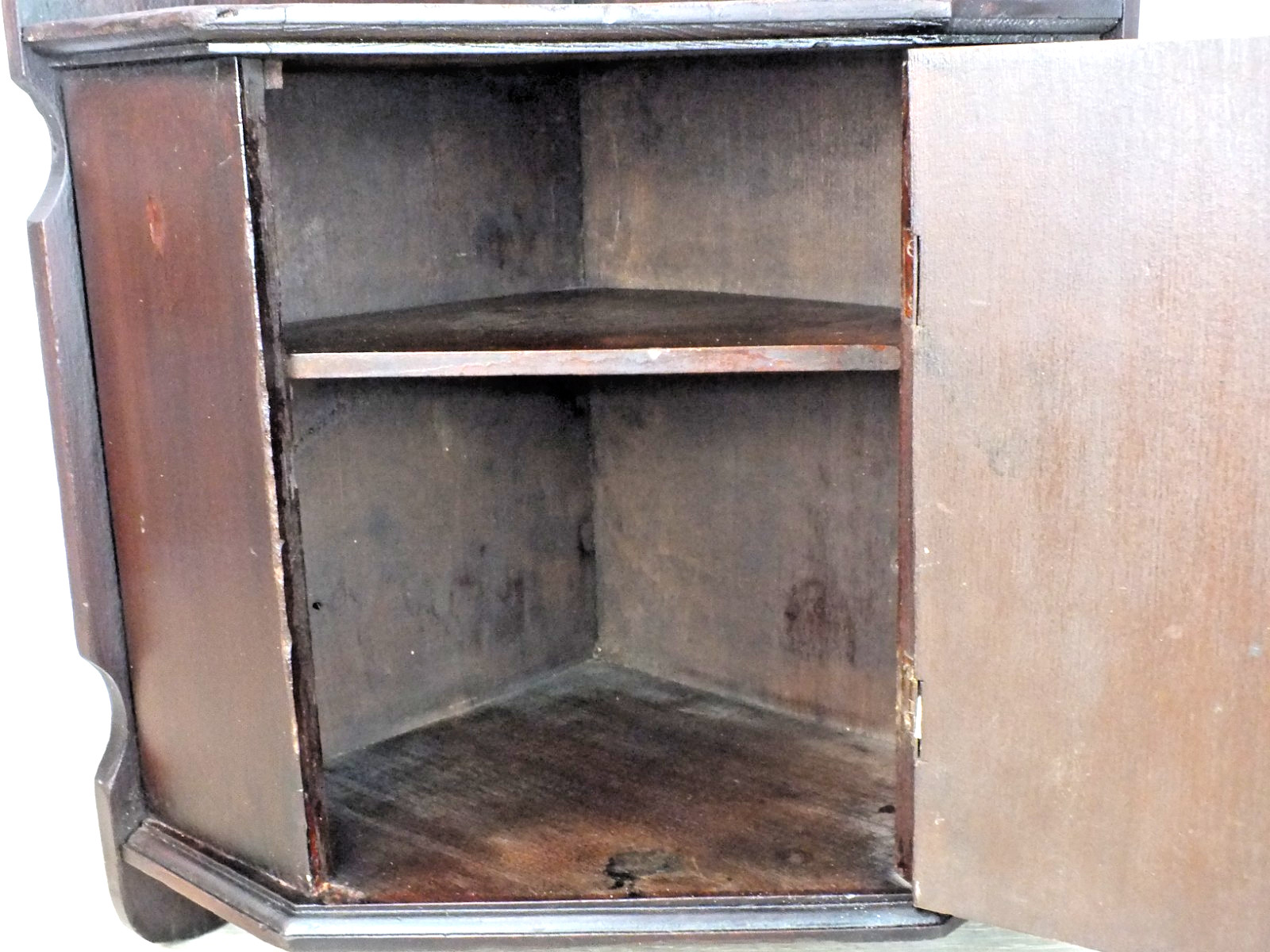 1800s Antique Wall Hung Corner Cabinet Dark Red Brown Finish w Black Highlights