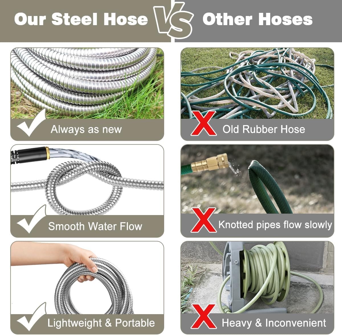 50ft 304 Stainless Steel Garden Hose Metal, Heavy Duty Water Pipe with Nozzle
