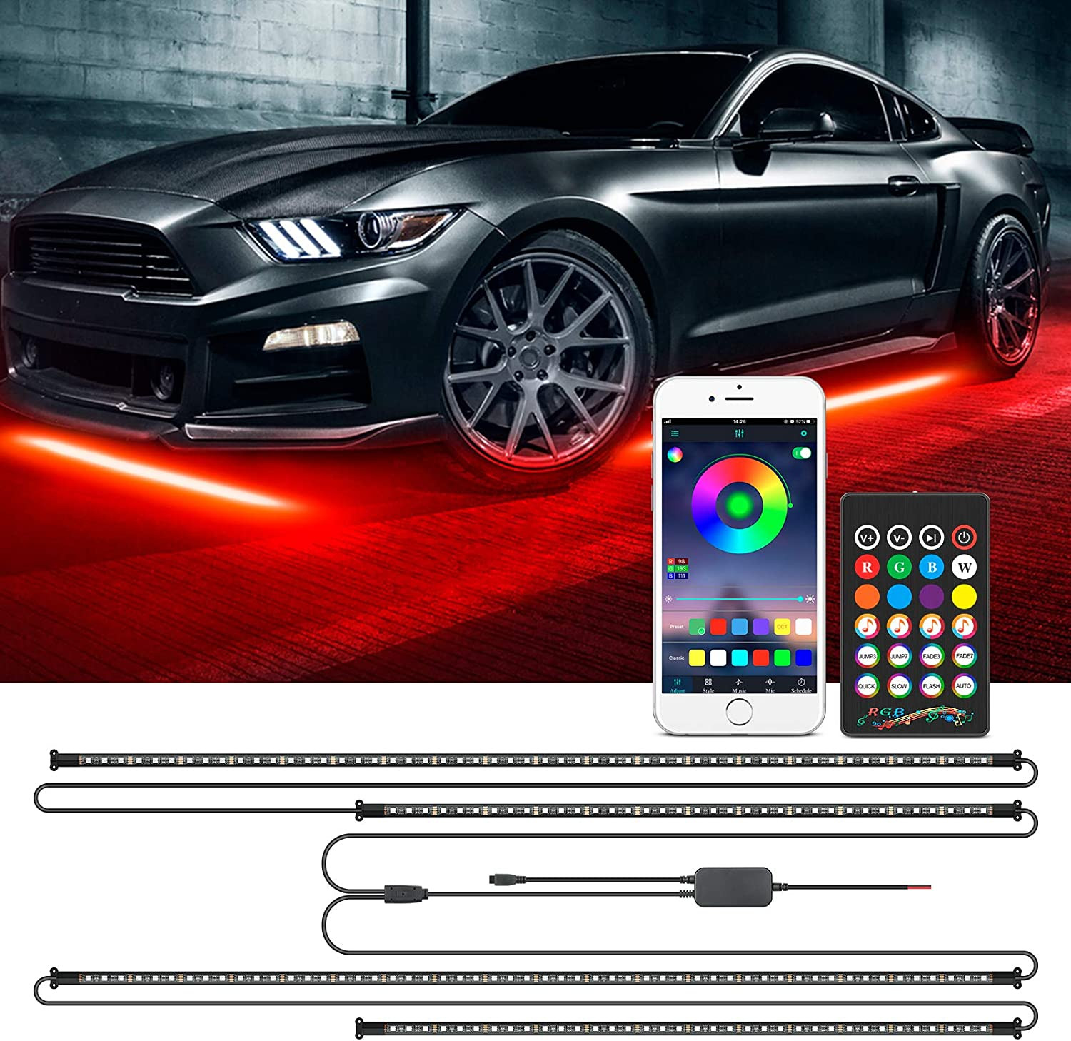 RGB LED Strip Under Car Tube Underglow Underbody System Neon Light Kit w/Remote