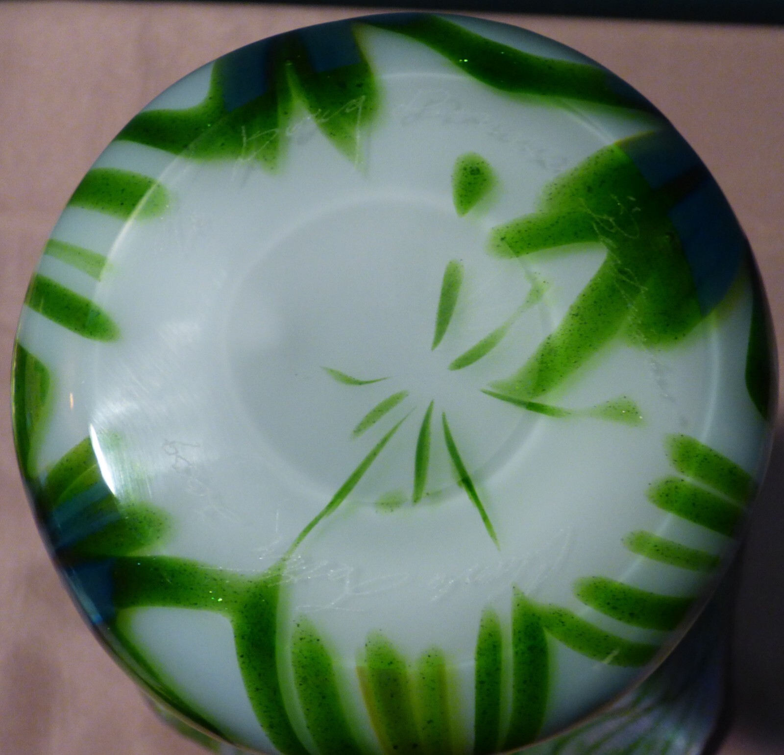 Charles Lotton Aventurine Art Glass Vase 2009 White/Green Pulled Feather 12 1/4"