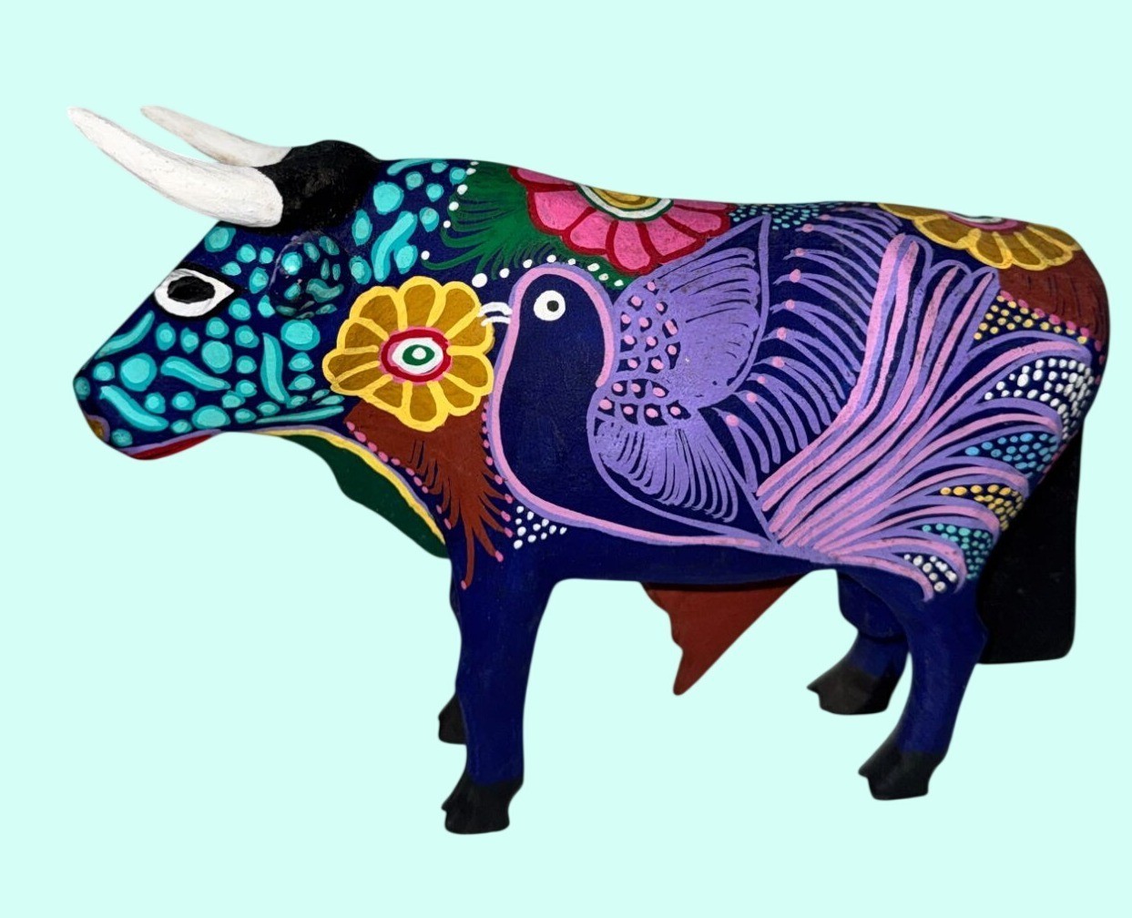 Hand Carved Alebrije Wooden Ox Folk Art Figurines Multicolor 2 Pieces