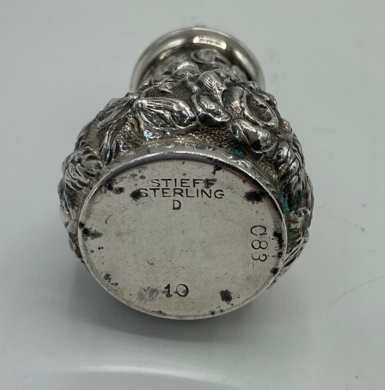 Antique Set Stieff Rose Sterling - Salt Cellar, Spoon and Pepper Shaker, 4 pc