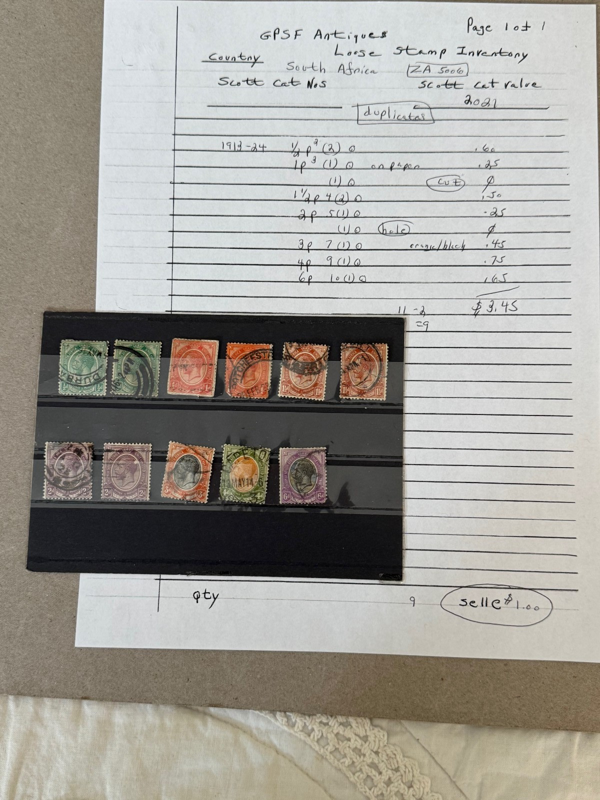 South Africa group of 9 stamps loose Scott Cat 2/10 1913-1924 with dups