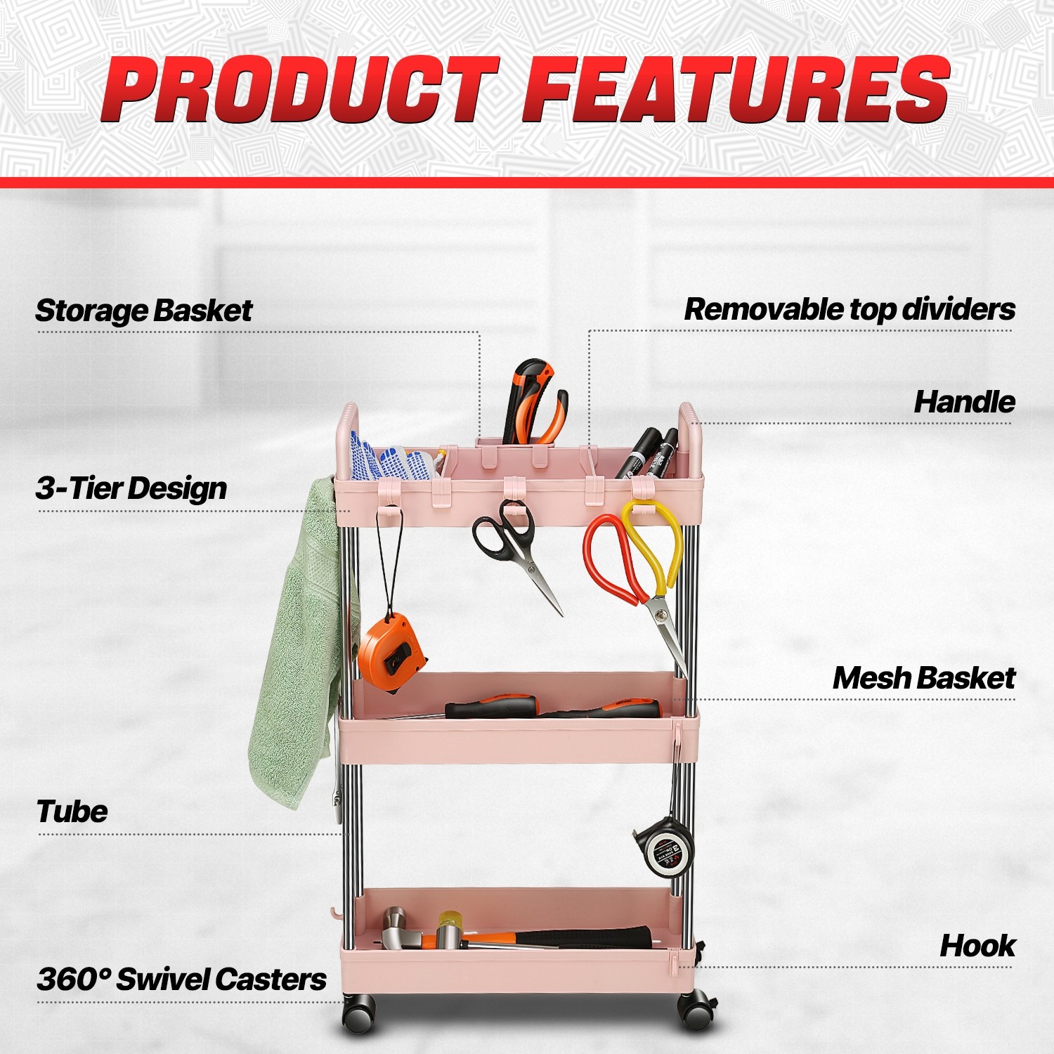 3 Tier Slim Rolling Storage Organizer Cart for Garage Warehouse Kitchen Pink