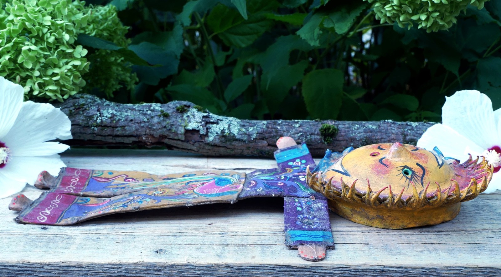 Sun Moon Face Man Hand Painted Handmade Canvas Coconut Guerrero Mexico Folk Art