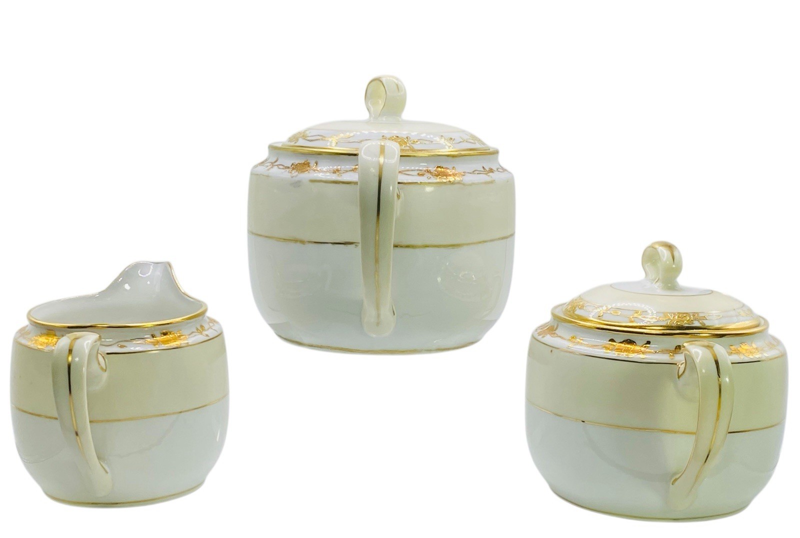 Handpainted Nippon Teapot Lid Creamer Sugar Bowl Lid Beige Gold Gilt Trim Floral