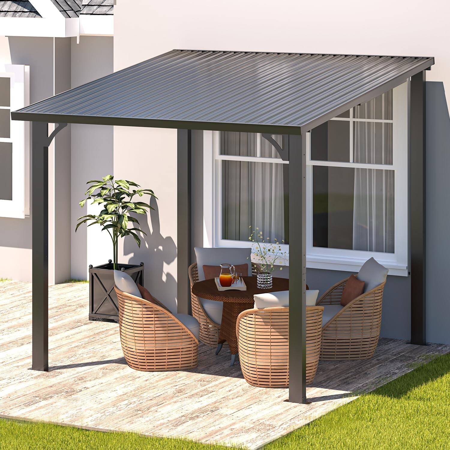 Hardtop Gazebo Outdoor Pergola Lean to Metal Pergola Galvanized Steel Roof Patio