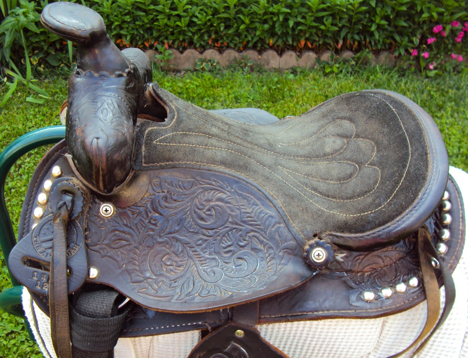 THE AMERICAN Childs Show Saddle- 12" - SILVER/Padded Seat -Tooled Design- GREAT!