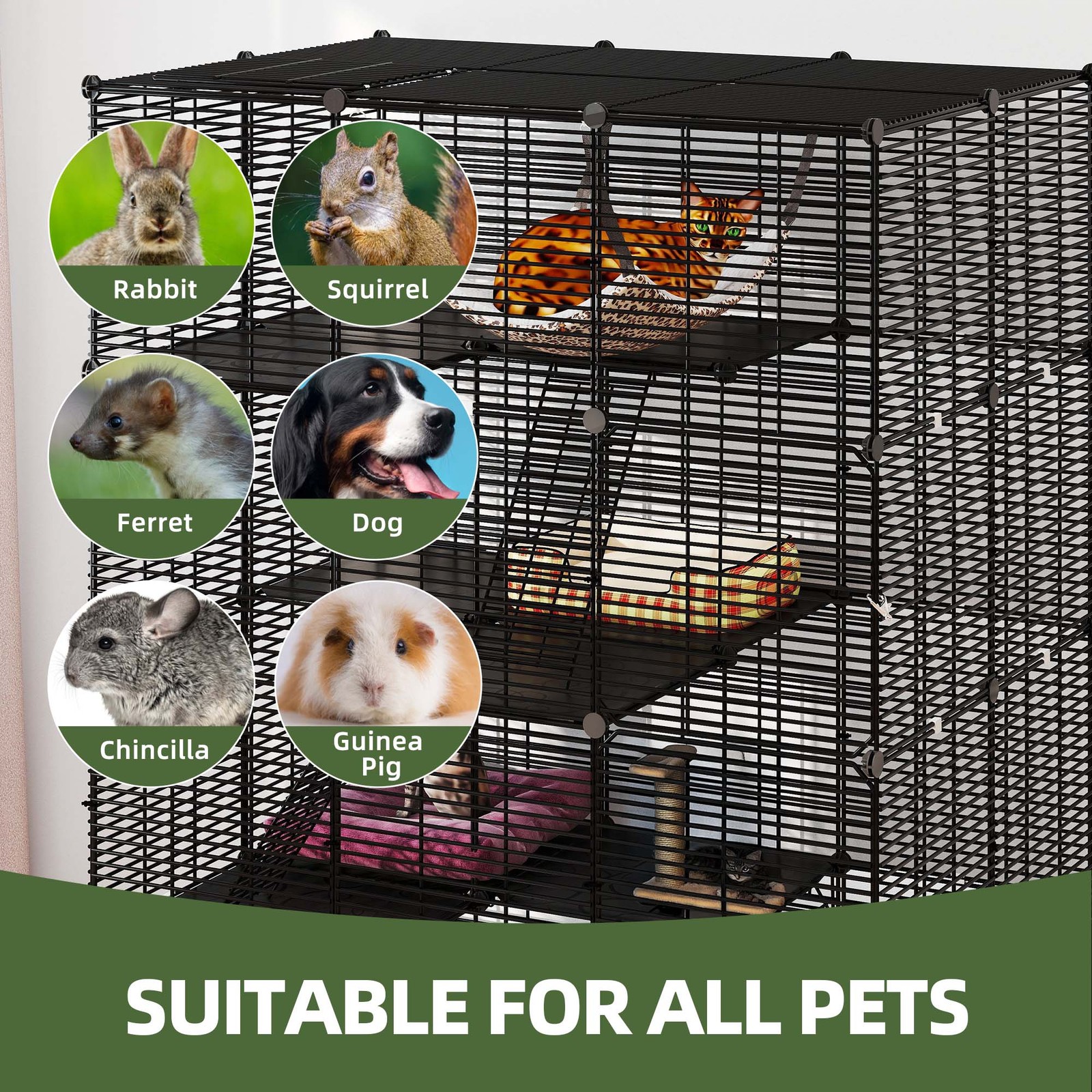41x55" Black 4 Tier Ferret Cage Free Hammock Metal Rabbit Hutch Cat Catio