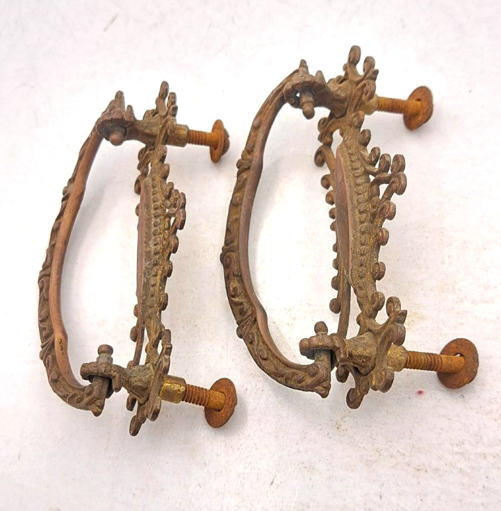 Antique Handles Hardware Furniture Vintage Drawer Pulls Old Brass Pair